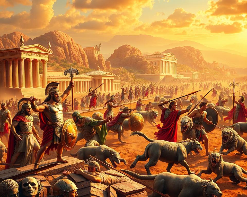 Griechische Helden in mythologischen Szenen