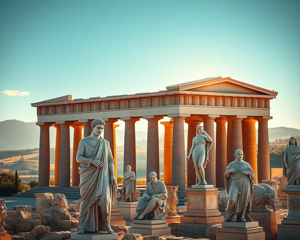 Griechische Skulpturen und Tempelbauten