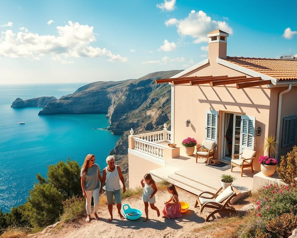 A beautiful family-friendly accommodation scene in Greece, set on a coastal hillside. In the foreground, a cheerful family with two kids is enjoying their time outside a charming villa, painted in soft pastel colors. The parents wear comfortable, modest clothing, while the kids play with beach toys. In the middle ground, the villa features an inviting terrace adorned with vibrant flowers and comfortable seating, overlooking the glistening turquoise sea. The background showcases a picturesque Greek coastline with rugged cliffs and a clear blue sky filled with gentle clouds. The warm sunlight casts a soft glow over the scene, creating an atmosphere of joy and relaxation. The composition captures the essence of a perfect family vacation in Greece, emphasizing comfort and a sense of adventure.
