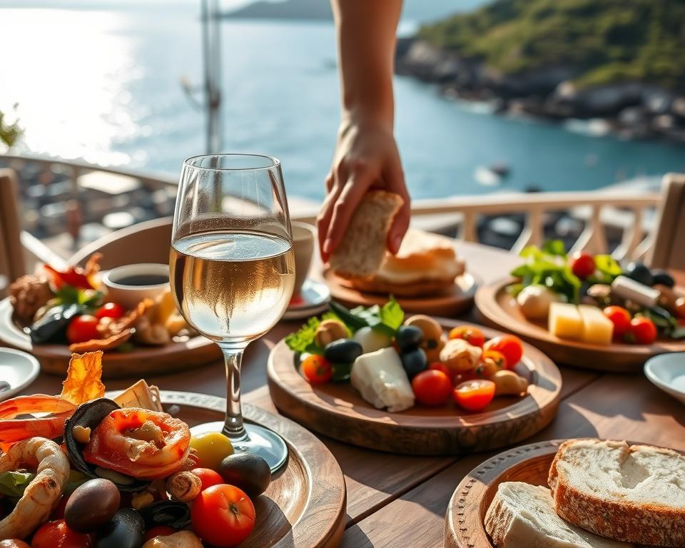 A beautiful tabletop scene showcasing traditional Ithakan cuisine, featuring colorful dishes of fresh seafood, olives, tomatoes, and local cheeses, elegantly arranged on rustic wooden plates. In the foreground, a glass of local white wine catches the light, with reflections shimmering. In the middle, a hand gracefully reaches for a piece of bread, perfectly crusty and homemade. The background reveals a sunlit terrace overlooking the picturesque coastline of Ithaka, with gentle waves lapping against rocky shores and vibrant green hills. Soft, warm lighting enhances the inviting atmosphere, evoking a sense of relaxation and indulgence. The image captures the essence of dining in a Greek paradise, highlighting flavors and natural beauty.