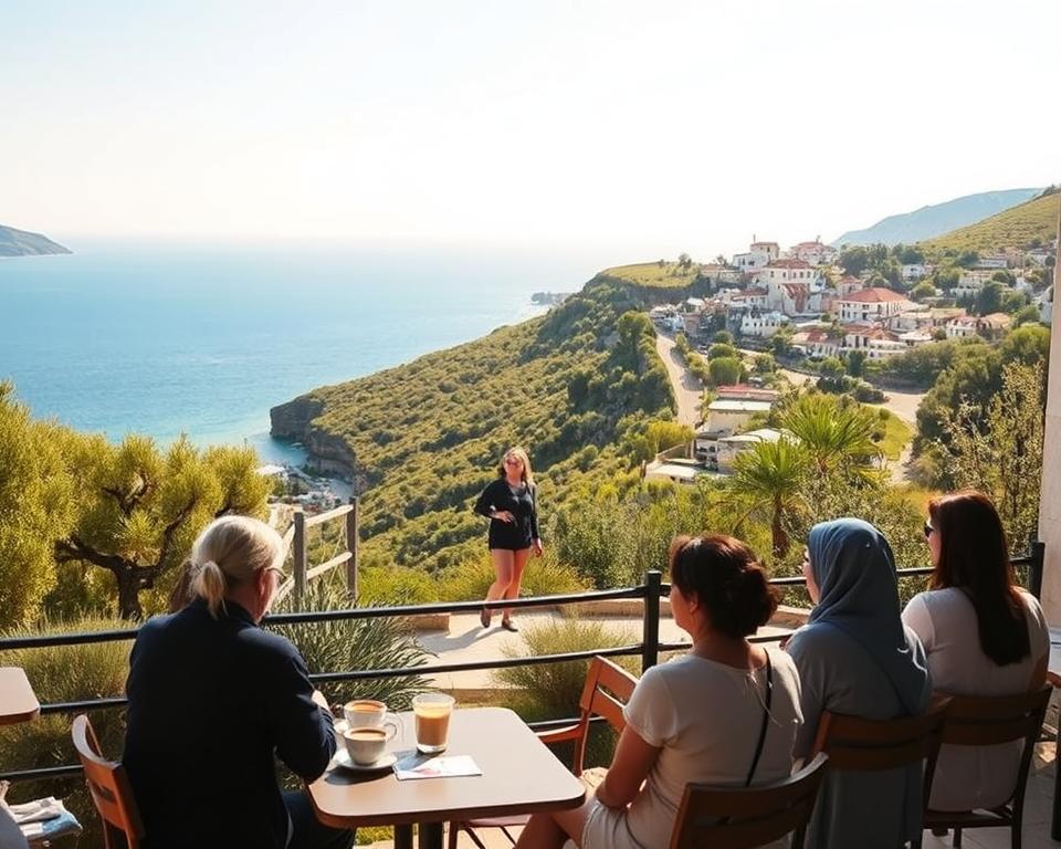 A beautiful view of Ithaka Island, showcasing its diverse landscapes suitable for various types of travelers. In the foreground, a group of tourists dressed in casual, modest clothing are enjoying an outdoor café, sipping coffee and discussing their travel plans. In the middle ground, a couple is hiking along a scenic coastal trail, with lush green hills on one side and the sparkling blue sea on the other. In the background, the iconic small town of Vathi is visible, with traditional architecture nestled among olive trees under a bright, sunny sky. The lighting is warm, capturing the essence of a summer day, with a soft golden glow illuminating the scene. The overall mood is inviting and adventurous, reflecting the richness of experiential travel on Ithaka.