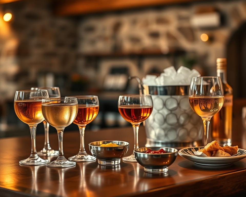A beautifully arranged bar scene featuring a selection of Greek spirits like ouzo, tsipouro, and raki, served at optimal temperatures. In the foreground, elegant glasses filled with various spirits are placed on a polished wooden bar top, accompanied by small bowls of traditional meze. The middle ground showcases an ice bucket filled with ice cubes, maintaining the chilled temperature of the spirits. Light reflects off the glasses, creating a warm, inviting ambiance. The background is subtly blurred with a rustic Greek tavern setting, hinting at stone walls and wooden beams. Golden hour lighting enhances the mood, casting soft shadows and highlighting the rich colors of the spirits. The composition invites viewers to explore the nuances of serving Greek drinks correctly.