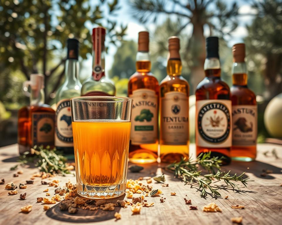 A beautifully arranged display featuring traditional Greek liqueurs: Masticha, Tentura, and herbal liqueurs. In the foreground, a crystal-clear glass filled with Masticha liqueur, surrounded by scattered mastic resin and aromatic herbs like oregano and thyme. The middle layer showcases elegant bottles of Tentura and herbal liqueurs, each with intricate labels, styled artfully against a rustic wooden table. In the background, soft-focus elements of a sunlit Mediterranean garden, with olive trees and bright blue skies peeking through. The warm, inviting lighting creates a cozy atmosphere and enhances the rich colors of the liqueurs. Capture this scene with a slight overhead angle for depth, simulating a sense of discovery and allure in the world of Greek beverages.