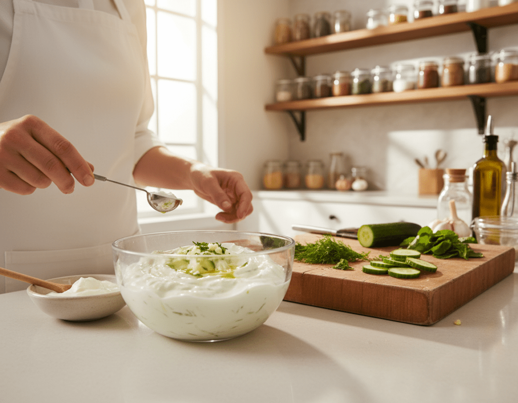 A beautifully arranged kitchen countertop featuring a bowl of creamy tzatziki with fresh cucumber and garlic peeking out. In the foreground, a hand is carefully measuring out the ingredients to avoid common mistakes. The middle ground displays a pristine wooden cutting board with chopped herbs and sliced cucumbers, emphasizing preparation integrity. The background shows shelves stocked with spices and additional ingredients, warmly lit by soft, natural sunlight pouring in through a window. A low angle captures the expert chef’s concentration while demonstrating precision in the tzatziki-making process, creating a mood of culinary mastery and inviting creativity. Focus on a clean, bright aesthetic that highlights the fresh elements without any distractions from watermarks or text.