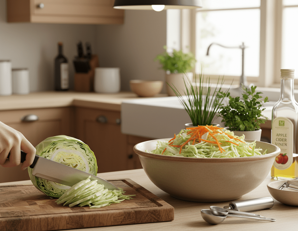 A beautifully arranged kitchen countertop showcasing essential tools for making Krautsalat. In the foreground, a vibrant green cabbage is sliced into thin strips using a sharp, stainless steel chef's knife, alongside a wooden cutting board. A large mixing bowl filled with shredded cabbage and bright orange carrots sits in the middle. A sturdy vegetable peeler, measuring spoons, and a bottle of apple cider vinegar are carefully positioned nearby, adding depth to the composition. In the background, a softly lit kitchen with wooden cabinets and fresh herbs in pots creates a warm and inviting atmosphere. The lighting is natural and bright, enhancing the colors of the vegetables and kitchenware. The angle captures a slightly elevated view, inviting the viewer into the culinary space.