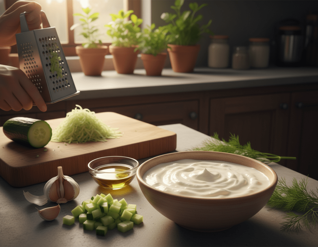 A beautifully arranged kitchen countertop showcasing the making of homemade tzatziki. In the foreground, a bowl of creamy tzatziki with a perfect, smooth consistency is the central focus. Surrounding the bowl are fresh ingredients: diced cucumbers, a clove of garlic, sprigs of dill, and a small dish of olive oil, all meticulously arranged to reflect freshness. In the middle ground, a wooden cutting board displays the cucumber being finely grated, adding a touch of texture to the scene. The background features soft, warm lighting highlighting the rustic kitchen setting with wooden cabinets and herbs in pots, creating a cozy and inviting atmosphere. Shot from a slightly elevated angle, giving an intimate perspective of the preparation process.