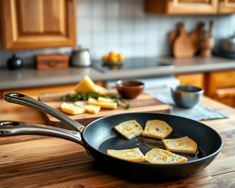 A beautifully arranged kitchen setup featuring a traditional "pfanne für saganaki" (saganaki frying pan) prominently in the foreground. The pan is made of polished cast iron, with a slightly curved handle and a glossy finish, reflecting the warm kitchen light. In the middle ground, there's a rustic wooden cutting board with slices of rich, golden saganaki cheese ready to be cooked, alongside a sprig of fresh herbs and a small bowl of olive oil. The background is softly blurred, showcasing a cozy kitchen atmosphere with warm wooden cabinets and soft, ambient lighting that enhances the inviting feel. The scene captures a sense of culinary warmth and excitement, inviting viewers into the process of creating this delicious Greek dish. The image should evoke a warm, homely vibe, inspiring the viewer to cook. A beautifully arranged kitchen setup featuring a traditional "pfanne für saganaki" (saganaki frying pan) prominently in the foreground. The pan is made of polished cast iron, with a slightly curved handle and a glossy finish, reflecting the warm kitchen light. In the middle ground, there's a rustic wooden cutting board with slices of rich, golden saganaki cheese ready to be cooked, alongside a sprig of fresh herbs and a small bowl of olive oil. The background is softly blurred, showcasing a cozy kitchen atmosphere with warm wooden cabinets and soft, ambient lighting that enhances the inviting feel. The scene captures a sense of culinary warmth and excitement, inviting viewers into the process of creating this delicious Greek dish. The image should evoke a warm, homely vibe, inspiring the viewer to cook.
