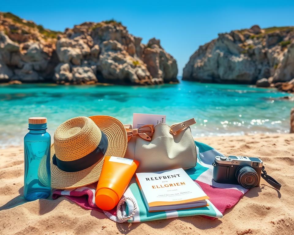 A beautifully arranged packing list for a perfect beach day on Crete, laid out on a sandy surface. In the foreground, showcase essential items such as a straw sunhat, a pair of stylish yet modest sunglasses, a colorful beach towel, and a reusable water bottle. In the middle, include a lightweight beach bag filled with sunscreen, a paperback book, and a compact camera. In the background, depict the stunning turquoise waters of a secluded cove, with rocky cliffs rising majestically under bright blue skies. The scene is bathed in warm, golden sunlight, creating a cheerful and inviting atmosphere, perfect for a relaxing day at the beach. The composition should be captured from a top-down angle, highlighting the packing essentials against the serene coastal backdrop. A beautifully arranged packing list for a perfect beach day on Crete, laid out on a sandy surface. In the foreground, showcase essential items such as a straw sunhat, a pair of stylish yet modest sunglasses, a colorful beach towel, and a reusable water bottle. In the middle, include a lightweight beach bag filled with sunscreen, a paperback book, and a compact camera. In the background, depict the stunning turquoise waters of a secluded cove, with rocky cliffs rising majestically under bright blue skies. The scene is bathed in warm, golden sunlight, creating a cheerful and inviting atmosphere, perfect for a relaxing day at the beach. The composition should be captured from a top-down angle, highlighting the packing essentials against the serene coastal backdrop.