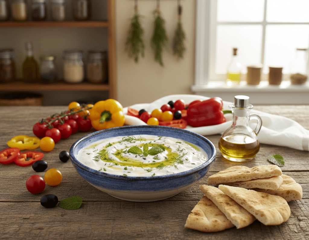 A beautifully arranged plate of authentic tzatziki sits on a rustic Mediterranean table, adorned with fresh herbs like dill and mint. In the foreground, the creamy, thick dip, speckled with finely chopped cucumber and garlic, is presented in a traditional ceramic bowl. Accompanying the tzatziki are slices of warm pita bread and a drizzle of olive oil, enhancing its visual appeal. The middle ground features a vibrant display of colorful cherry tomatoes, black olives, and bell peppers, embodying the essence of Mediterranean cuisine. In the softly lit background, a sun-drenched kitchen can be seen, with wooden shelves holding spices and olive oil, creating a warm, inviting atmosphere. The image captures the essence of authenticity, evoking a sense of delicious home cooking.