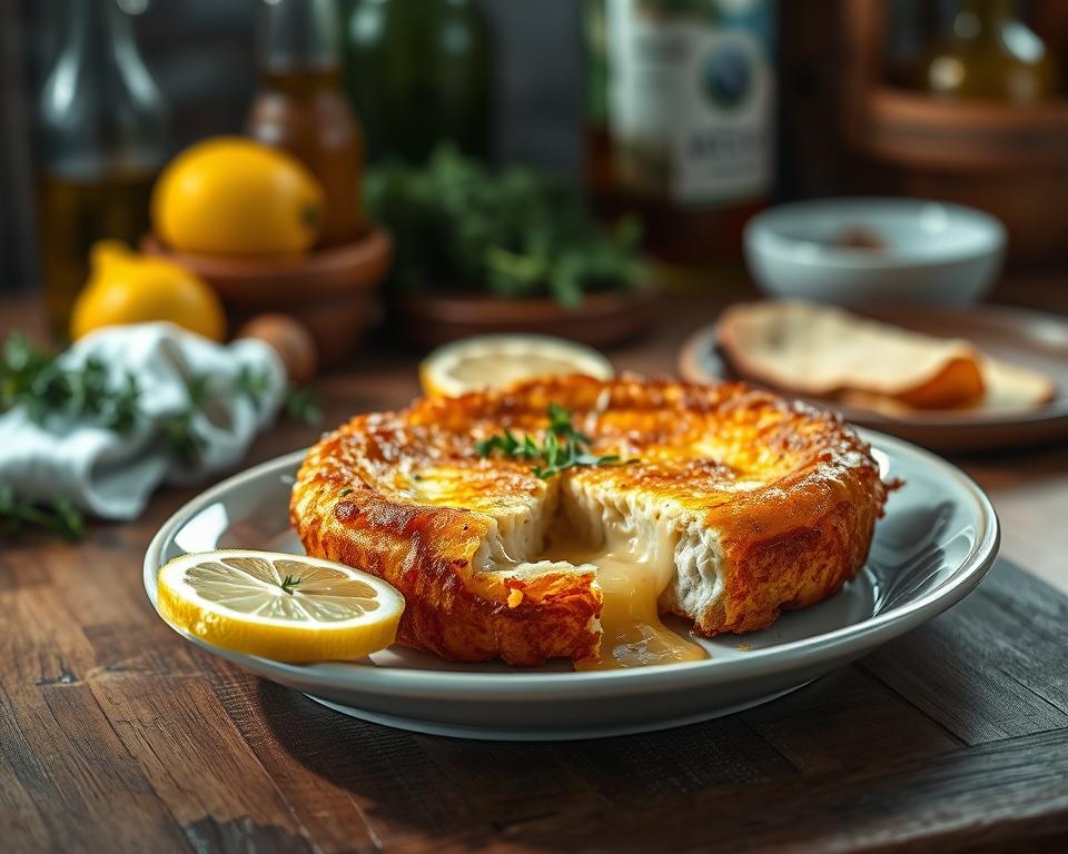 A beautifully arranged plate of perfectly fried Saganaki cheese, showcasing its golden, crispy exterior, with a rich and gooey interior leaking slightly. The foreground features the cheese topped with fresh herbs, and a slice of lemon resting beside it, its vibrant yellow contrasting with the deep gold of the cheese. In the middle, a rustic wooden table adds warmth, accentuating the dish's appeal. Soft, natural lighting illuminates the scene, creating a welcoming atmosphere and highlighting the textures of both the food and the table. In the background, out-of-focus Greek culinary elements, like olive oil bottles and fresh vegetables, hint at a cozy kitchen environment. Aim for a close-up angle to capture the details and evoke a sense of indulgence, making this traditional dish the center of attention. A beautifully arranged plate of perfectly fried Saganaki cheese, showcasing its golden, crispy exterior, with a rich and gooey interior leaking slightly. The foreground features the cheese topped with fresh herbs, and a slice of lemon resting beside it, its vibrant yellow contrasting with the deep gold of the cheese. In the middle, a rustic wooden table adds warmth, accentuating the dish's appeal. Soft, natural lighting illuminates the scene, creating a welcoming atmosphere and highlighting the textures of both the food and the table. In the background, out-of-focus Greek culinary elements, like olive oil bottles and fresh vegetables, hint at a cozy kitchen environment. Aim for a close-up angle to capture the details and evoke a sense of indulgence, making this traditional dish the center of attention.