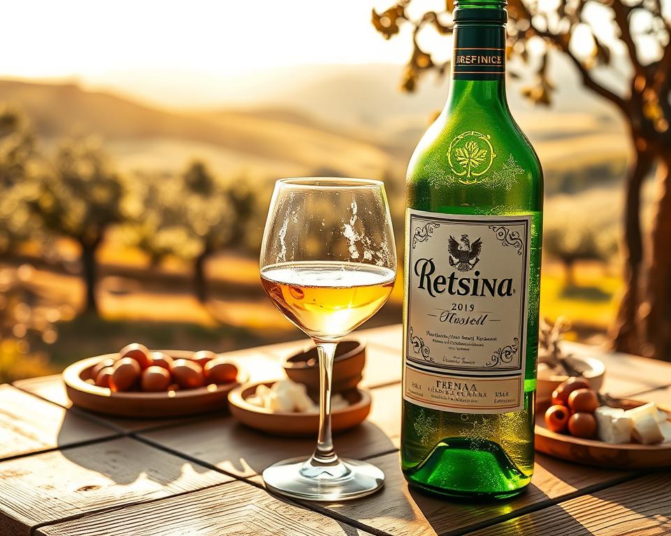 A beautifully arranged scene featuring a bottle of Retsina wine, prominently displayed in the foreground, with its signature green glass catching the light. The intricate details of the label are visible, emphasizing its Greek heritage. Beside the bottle, a filled wine glass reflects the golden hue of the liquid, with delicate condensation forming on the glass. In the middle ground, a rustic wooden table is adorned with small plates of traditional Greek mezes, showcasing olives and feta cheese. The background includes hints of a sunlit vineyard with rolling hills and olive trees, creating a serene ambiance. The lighting is warm and inviting, reminiscent of a late afternoon sun, casting soft shadows to enhance the textures. The mood evokes a rich cultural experience, inviting viewers to appreciate the unique flavors and notes of Retsina.