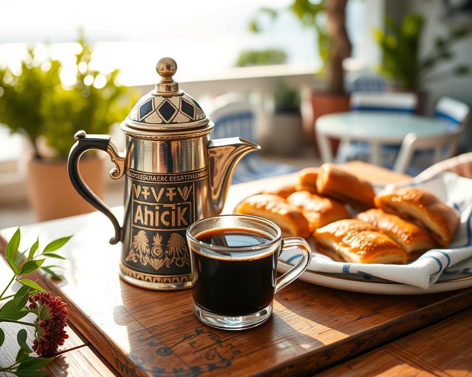 A beautifully arranged scene of traditional Greek coffee preparation, capturing the rich cultural essence of Greece. In the foreground, a meticulously decorated Greek coffee pot, or briki, sits on a wooden table, surrounded by a small cup of dark, steaming Greek coffee. The middle layer features rustic Greek pastries, such as baklava, enhancing the culinary atmosphere. The background reveals a sunlit outdoor terrace with subtle hints of blue and white, symbolizing the picturesque Greek islands, framed by lush greenery. Soft, warm sunlight filters through, creating a cozy and inviting atmosphere, with subtle reflections from the coffee surface. The image evokes a sense of tradition and authenticity, ideal for showcasing the art of Greek coffee-making.