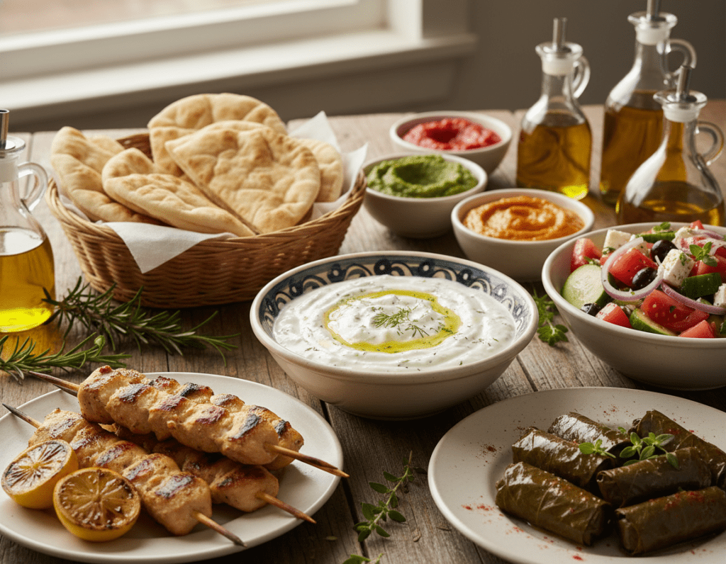 A beautifully arranged table featuring a bowl of creamy, fresh tzatziki at the center, surrounded by an array of complementing dishes. In the foreground, add platefuls of grilled chicken skewers, vibrant stuffed grape leaves, and a colorful Greek salad with ripe tomatoes, cucumbers, and olives. In the middle ground, include warm pita bread and a selection of vibrant dips in small bowls. The background should have a rustic wooden table adorned with fresh herbs and a few decorative olive oil bottles, creating a warm and inviting atmosphere. Soft, natural lighting enhances the freshness of the ingredients, while a shallow depth of field focuses on the tzatziki and the nearby dishes, evoking a cozy and appetizing feel, perfect for a culinary exploration.