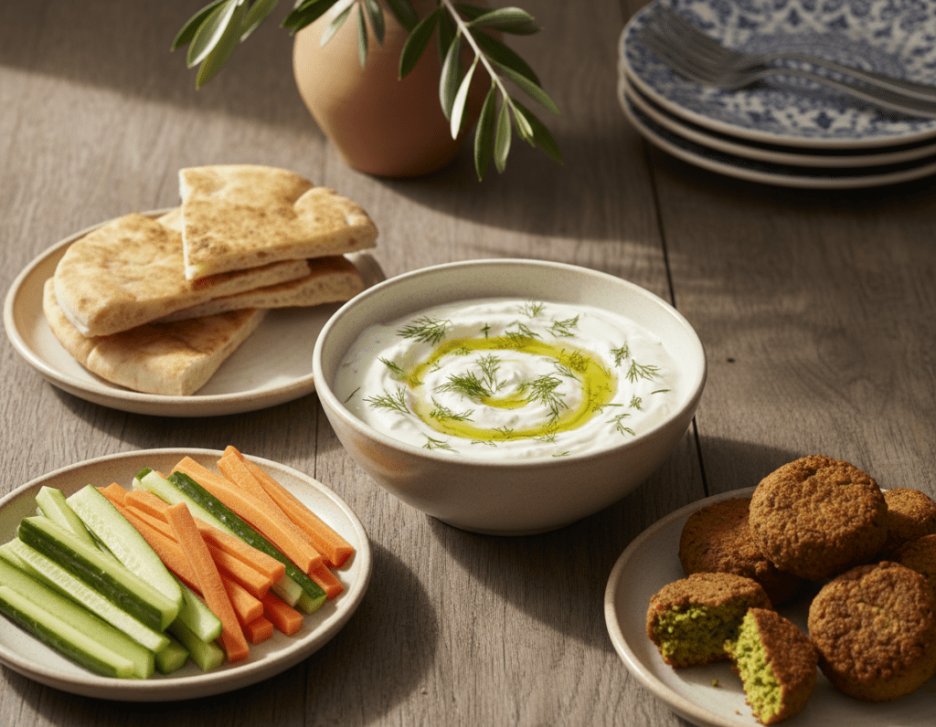 A beautifully arranged table featuring a bowl of creamy tzatziki sauce at the center, garnished with fresh dill and a drizzle of olive oil. Surrounding the bowl are various serving suggestions: warm pita bread, vibrant carrot and cucumber sticks, and crispy falafel. The scene is set on a rustic wooden table, with soft, natural lighting to give a warm, inviting atmosphere. In the background, hints of Mediterranean decor, such as olive branches and ceramic dishes, add to the ambiance. Capture this from a slightly elevated angle to emphasize the elegant presentation, focusing on the textures and colors of the food, making it feel fresh and appetizing.
