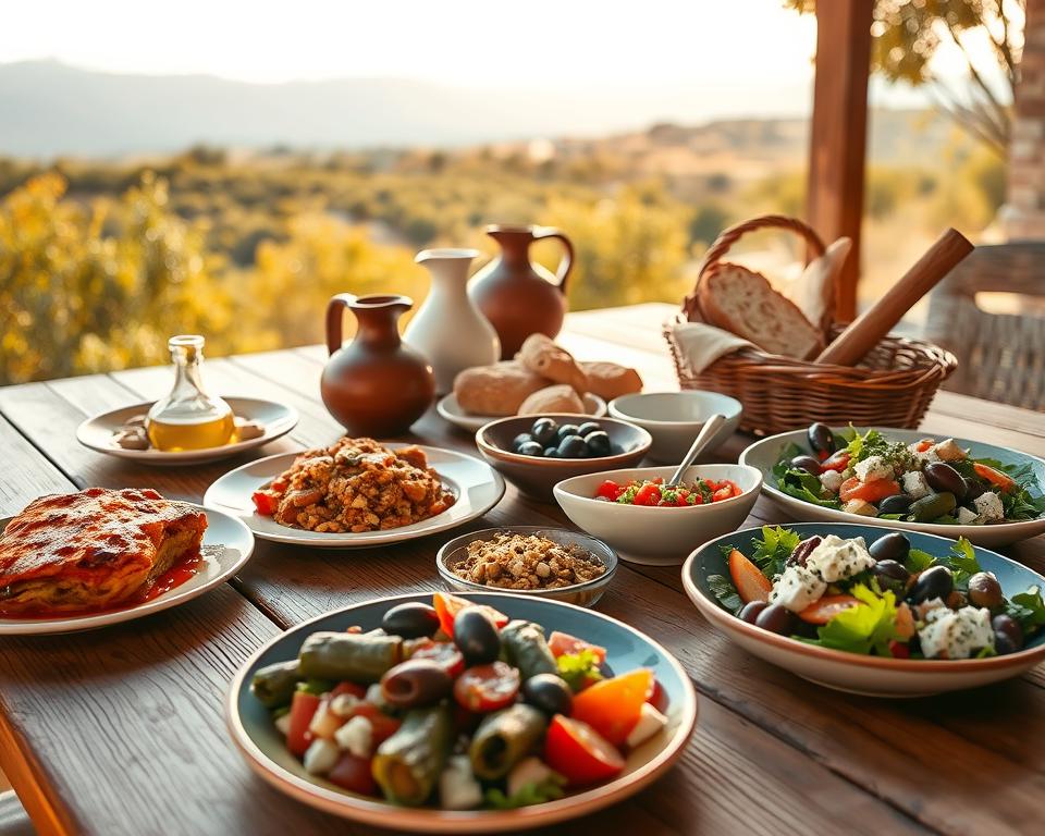 A beautifully arranged table featuring traditional Greek autumn dishes, showcasing vibrant colors and fresh ingredients. In the foreground, a rustic wooden table set with plates of moussaka, stuffed grape leaves, and a bowl of vivid Greek salad, adorned with olives and feta cheese. In the middle ground, there are decorative ceramic jugs filled with olive oil and a basket of freshly baked bread, adding to the rustic charm. The background evokes a warm, sunlit Greek landscape with a distant view of olive groves and rolling hills under a soft autumn sky. Use warm, golden lighting to enhance the inviting atmosphere, capturing the essence of a cozy, leisurely meal in Greece. The shot should be taken from a slightly elevated angle to highlight both the food and the scenic background, conveying a sense of culinary discovery.