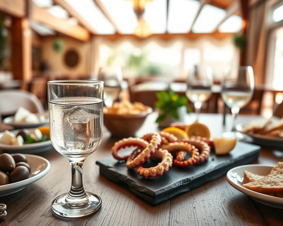 A beautifully arranged table setting showcasing a traditional Greek Ouzo experience. In the foreground, a crystal-clear Ouzo glass filled with the iconic anise-flavored spirit, surrounded by small plates of Greek appetizers like olives, feta cheese, and fresh bread. In the middle ground, there's a slate serving platter with grilled octopus and lemon slices, elegantly garnished with herbs. The background features a softly blurred view of a rustic Greek taverna with wooden beams and warm ambient lighting, enhancing the ambiance. The scene conveys a sense of warmth and conviviality typical of leisurely Greek dining. Use natural lighting to illuminate the glasses and food, capturing the vibrant colors and textures, shot at a slight angle to emphasize the depth of the arrangement and create an inviting atmosphere.