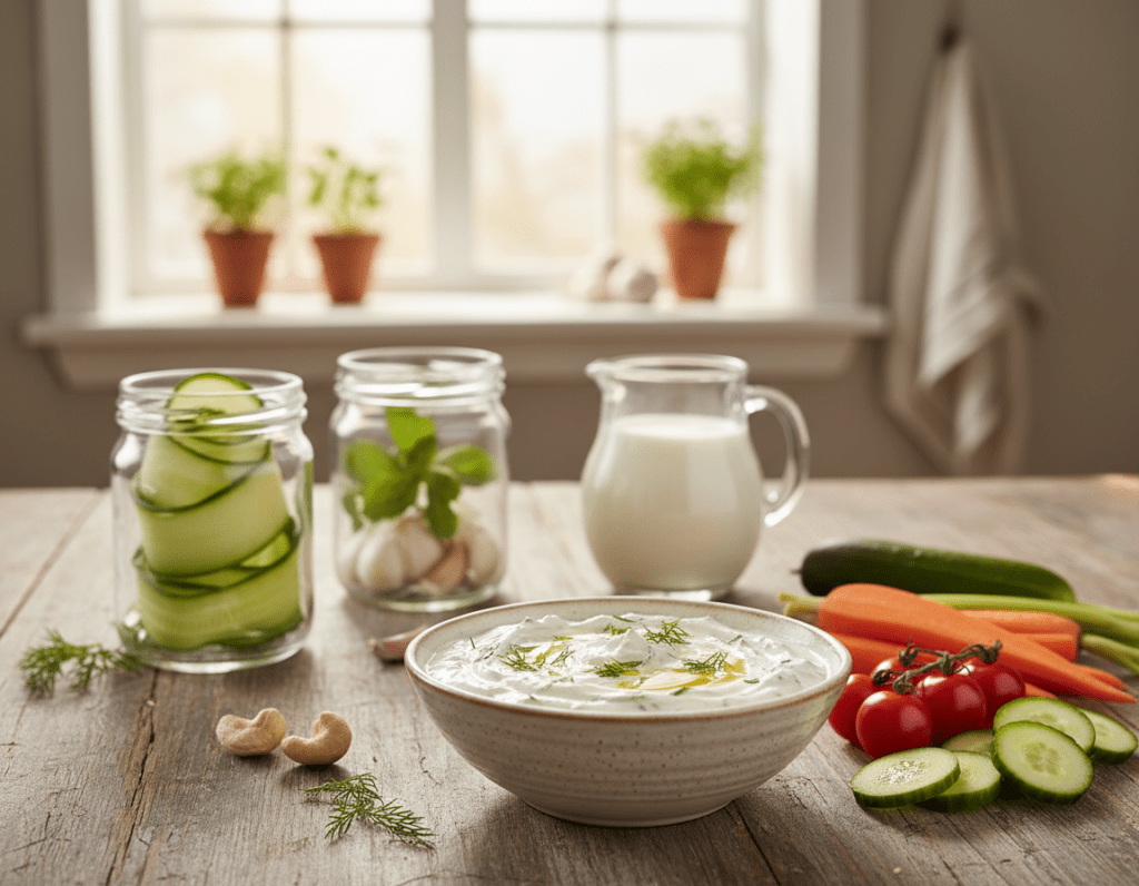 A beautifully arranged vegan tzatziki on a rustic wooden table. In the foreground, a small bowl filled with creamy tzatziki made from blended cucumbers, garlic, and a vegan yogurt substitute, garnished with fresh dill and a drizzle of olive oil. Beside the bowl, an assortment of vibrant, fresh vegetables such as carrot sticks, cherry tomatoes, and cucumber slices for dipping. In the middle ground, glass jars containing ingredients like cucumbers, garlic, herbs, and a pitcher of vegan yogurt, showcasing the preparation process. The background features a soft-focus kitchen setting, with natural light pouring in through a window, creating a warm and inviting atmosphere, ideal for cooking. The overall mood is fresh, healthy, and appetizing.