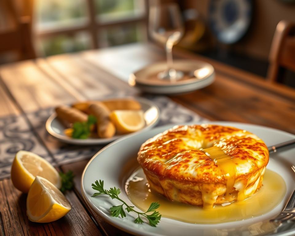 A beautifully presented plate of freshly reheated saganaki, showcasing the golden-brown, crispy crust of the cheese, glistening with a light drizzle of olive oil. In the foreground, a few lemon wedges and sprigs of parsley add color and freshness. The middle ground features a rustic wooden table adorned with a patterned tablecloth, emphasizing a cozy Greek taverna ambiance. The background includes soft, warm lighting, simulating the glow of sunset. The scene is slightly out of focus to create depth, with hints of traditional Greek ceramic plates and wine glasses visible. The overall atmosphere is inviting, conveying the warmth and comfort of enjoying homemade saganaki. A beautifully presented plate of freshly reheated saganaki, showcasing the golden-brown, crispy crust of the cheese, glistening with a light drizzle of olive oil. In the foreground, a few lemon wedges and sprigs of parsley add color and freshness. The middle ground features a rustic wooden table adorned with a patterned tablecloth, emphasizing a cozy Greek taverna ambiance. The background includes soft, warm lighting, simulating the glow of sunset. The scene is slightly out of focus to create depth, with hints of traditional Greek ceramic plates and wine glasses visible. The overall atmosphere is inviting, conveying the warmth and comfort of enjoying homemade saganaki.
