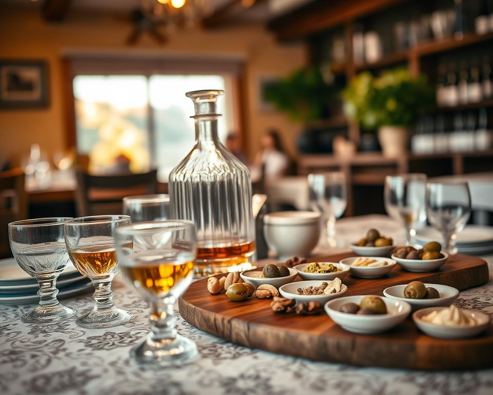A beautifully set table featuring a traditional Greek taverna scene, showcasing a clear glass decanter of Tsipouro, filled with the aromatic spirit. The foreground includes elegant shot glasses and a rich wooden platter adorned with olives, nuts, and small plates of meze. The middle ground reveals a rustic wooden table, enhancing the authentic Greek ambiance. In the background, soft, warm lighting casts a golden hue, highlighting the intricate patterns of the tablecloth and the freshness of the surroundings, evoking a cozy, inviting atmosphere. The scene is framed as if captured from a low angle, emphasizing the details of the Tsipouro and the delightful meze, inviting viewers to explore the world of Greek beverages.