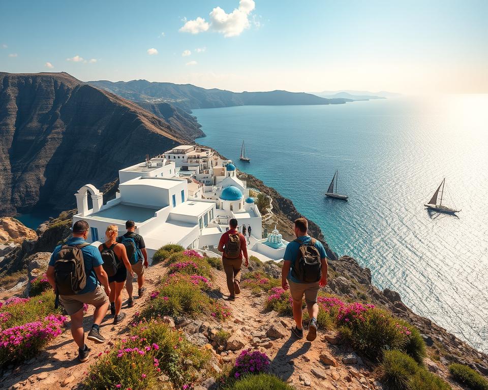 A breathtaking panorama of the Cyclades islands, illustrating an outdoor hiking adventure. In the foreground, a diverse group of individuals dressed in modest casual clothing, equipped with backpacks, traverse a rugged coastal path lined with wildflowers. The middle ground features stunning whitewashed houses typical of the Cyclades, set against a backdrop of steep cliffs and azure waters of the Aegean Sea. The sun casts a golden, warm light over the scene, enhancing the vibrant colors of the landscape. In the background, sailboats glide across the shimmering sea, while the sky showcases a few fluffy clouds. The mood is adventurous and serene, embodying the beauty and allure of the islands, inviting the viewer to explore and experience the great outdoors.