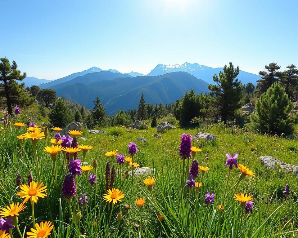 A breathtaking scene of the Troodos mountain range in Cyprus, capturing the diverse flora that thrives in this unique ecosystem. In the foreground, vibrant wildflowers in various colors, such as bright yellow daisies and deep purple orchids, create a stunning contrast against the rich green grass. The middle ground features lush pine trees and scattered rocky outcrops, showcasing the dense woodland typical of the region. In the background, the majestic mountain peaks, dusted with snow, rise under a clear blue sky. The sunlight filters through the trees, creating dappled shadows on the forest floor, enhancing a serene and tranquil atmosphere. This harmonious depiction highlights the natural beauty and ecological diversity of the Troodos mountains, perfect for illustrating the flora and fauna of the region.