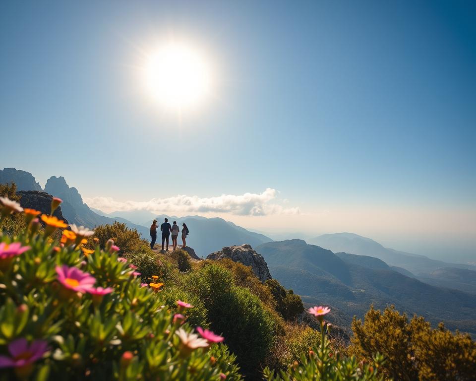 A breathtaking view from the viewpoint on Thasos, Greece, showcasing a dramatic landscape. In the foreground, lush greenery with wildflowers in vibrant colors, inviting the viewer into a tranquil natural setting. The middle ground features a rocky overlook with hikers in modest casual clothing, appreciating the stunning panorama. In the background, towering mountains rise majestically against a clear blue sky, with the sun casting a warm golden light that highlights the contours of the terrain. Soft, fluffy clouds lazily drift above, adding depth to the serene atmosphere. The composition uses a wide-angle perspective to capture the vastness of the landscape, evoking a sense of adventure and connection to nature. The image conveys peace and the thrill of exploration in a picturesque setting. A breathtaking view from the viewpoint on Thasos, Greece, showcasing a dramatic landscape. In the foreground, lush greenery with wildflowers in vibrant colors, inviting the viewer into a tranquil natural setting. The middle ground features a rocky overlook with hikers in modest casual clothing, appreciating the stunning panorama. In the background, towering mountains rise majestically against a clear blue sky, with the sun casting a warm golden light that highlights the contours of the terrain. Soft, fluffy clouds lazily drift above, adding depth to the serene atmosphere. The composition uses a wide-angle perspective to capture the vastness of the landscape, evoking a sense of adventure and connection to nature. The image conveys peace and the thrill of exploration in a picturesque setting.