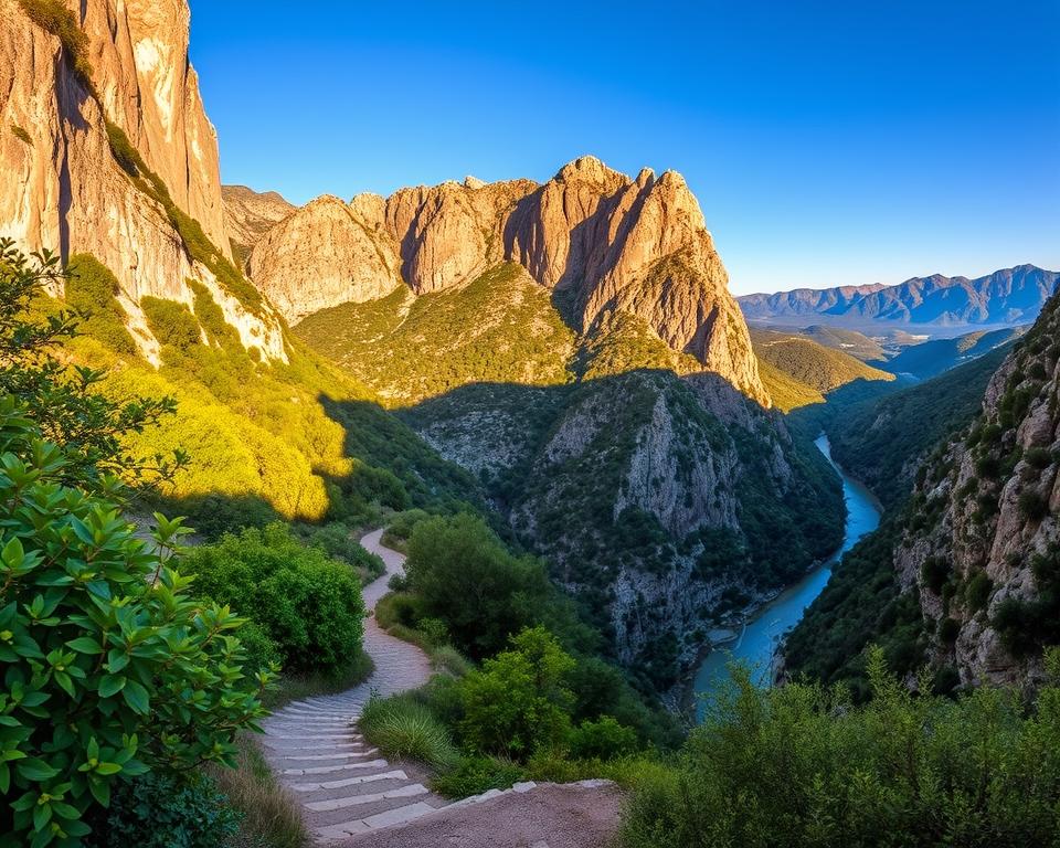 A breathtaking view of Kourtaliotiko Gorge in Crete, showcasing its dramatic cliffs and lush greenery. In the foreground, a winding path leads through vibrant foliage, inviting adventurers to explore. The middle ground features the gorge's steep walls, towering majestically with sun-dappled rock faces, while a gentle river winds at the base. In the background, the landscape transitions into distant mountains under a clear blue sky. The lighting is warm and golden, suggesting early morning or late afternoon, casting long shadows and enhancing textures. The atmosphere conveys tranquility and a sense of adventure, emphasizing the natural beauty and allure of the gorge, perfect for nature enthusiasts. The angle captures both the grandeur of the cliffs and the serene flow of the river.