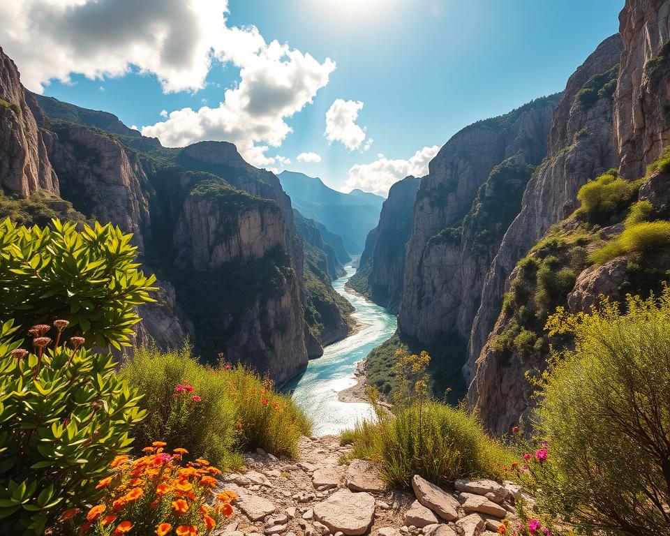 A breathtaking view of Kourtaliotiko Schlucht, showcasing its dramatic cliffs and lush greenery. In the foreground, lush shrubs and vibrant wildflowers frame a rocky path leading to a breathtaking viewpoint. The middle ground features steep limestone cliffs that rise majestically, partially illuminated by soft, golden sunlight filtering through scattered clouds. In the background, a sparkling river winds through the gorge, reflecting the brilliant blue sky above. The scene captures the tranquil yet awe-inspiring atmosphere of the gorge, inviting viewers to explore its natural wonders. The lighting is warm and inviting, enhancing the rich colors of the landscape. Capture the scene with a wide-angle lens to emphasize the grandeur of the gorge, creating a peaceful and inspiring mood perfect for travel enthusiasts.