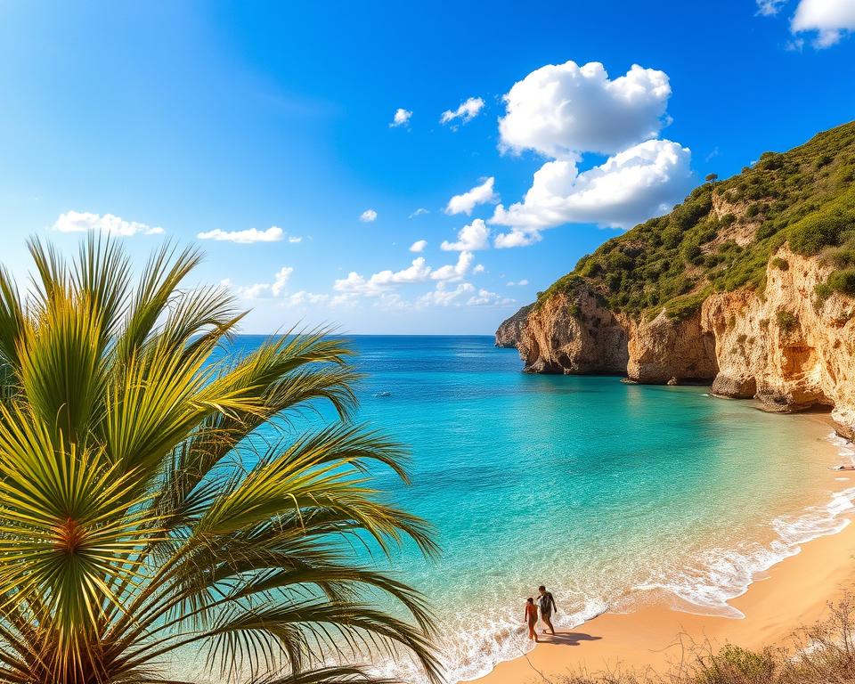 A breathtaking view of one of East Crete's most stunning bays, featuring clear turquoise waters gently lapping against a sandy coastline. In the foreground, vibrant green palm trees sway lightly in the breeze, framing the scene. The middle ground shows charming beachgoers in modest casual clothing enjoying the sun and splashing in the water, adding a sense of exploration and joy. The background is dominated by dramatic cliffs covered in lush vegetation, contrasting with the serene sea under a bright blue sky dotted with fluffy white clouds. The lighting is warm and golden, suggesting late afternoon sun, creating a peaceful, inviting atmosphere. This picturesque setting evokes a sense of adventure and tranquility, capturing the allure of Crete's hidden gems. A breathtaking view of one of East Crete's most stunning bays, featuring clear turquoise waters gently lapping against a sandy coastline. In the foreground, vibrant green palm trees sway lightly in the breeze, framing the scene. The middle ground shows charming beachgoers in modest casual clothing enjoying the sun and splashing in the water, adding a sense of exploration and joy. The background is dominated by dramatic cliffs covered in lush vegetation, contrasting with the serene sea under a bright blue sky dotted with fluffy white clouds. The lighting is warm and golden, suggesting late afternoon sun, creating a peaceful, inviting atmosphere. This picturesque setting evokes a sense of adventure and tranquility, capturing the allure of Crete's hidden gems.