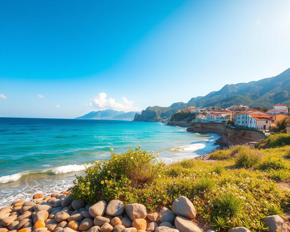 A breathtaking view of the Albanian Riviera along the Ionian Sea, showcasing the stunning coastline with turquoise waters and golden sandy beaches. In the foreground, gentle waves lap against smooth pebbles, while scattered wildflowers dot the vibrant greenery. In the middle ground, charming seaside villages with whitewashed buildings are nestled against dramatic cliffs, their terracotta roofs catching the warm sunlight. The background features a clear blue sky with a few fluffy clouds, perfectly highlighting the mountainous terrain that frames the coastline. The lighting is soft and golden, reminiscent of a tranquil late afternoon, creating a serene and inviting atmosphere. Capture this landscape from a slightly elevated angle to emphasize the beauty and expanse of the coastline, ensuring a picturesque and peaceful representation of Albania's natural allure.