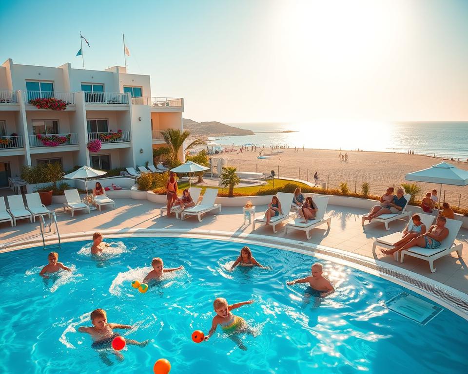 A bright, inviting family-friendly hotel in Greece, located by the shimmering Aegean Sea. In the foreground, a vibrant pool area with children splashing and playing, toys floating in the water. Families are lounging on comfortable sunbeds, enjoying refreshments. The middle ground features the hotel's modern architecture, with balconies adorned with blooming flowers and children playing in the lush gardens. In the background, picturesque views of sandy beaches and gentle waves under a clear blue sky. The golden hour lighting casts a warm, soft glow over the scene, creating a cheerful atmosphere. Capture this idyllic setting from a slightly elevated angle, emphasizing the lively interactions and scenic beauty, evoking joy and relaxation.