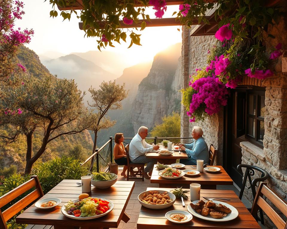 A charming taverna nestled near the breathtaking Kourtaliotiko Gorge, showcasing rustic wooden beams and a stone façade adorned with vibrant bougainvillea. In the foreground, wooden tables are set with traditional Greek dishes, showcasing fresh salads, grilled meats, and colorful ceramic plates. Lush greenery surrounds the taverna, with olive trees creating a serene atmosphere. In the middle ground, a few patrons enjoy their meals, dressed in modest casual clothing, laughing and soaking in the breathtaking views. The background features towering cliffs of the gorge, partially shrouded in mist, under a warm golden hour sunlight that casts a soft, inviting glow over the scene. The atmosphere is tranquil and inviting, perfect for a leisurely break in nature.