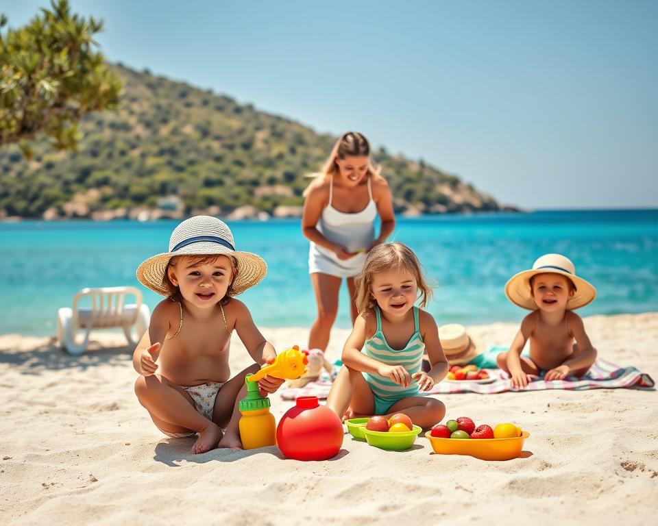 A cheerful family enjoying a healthy vacation in Greece, focused on well-being and safety. In the foreground, two children are playing with beach toys on a sandy beach, wearing modest swimsuits and sun hats. In the middle ground, their parents, dressed in light, casual attire, are preparing a picnic on a colorful blanket, with fresh fruits and snacks visible. The background features a picturesque view of crystal-clear turquoise waters and a lush green hillside dotted with olive trees under a bright blue sky. The scene is illuminated by warm, soft sunlight, creating a bright and inviting atmosphere. Capture this joyful moment from a slightly elevated angle to emphasize the family’s interaction with their beautiful surroundings, invoking a sense of relaxation and safety in a family-friendly vacation setting.