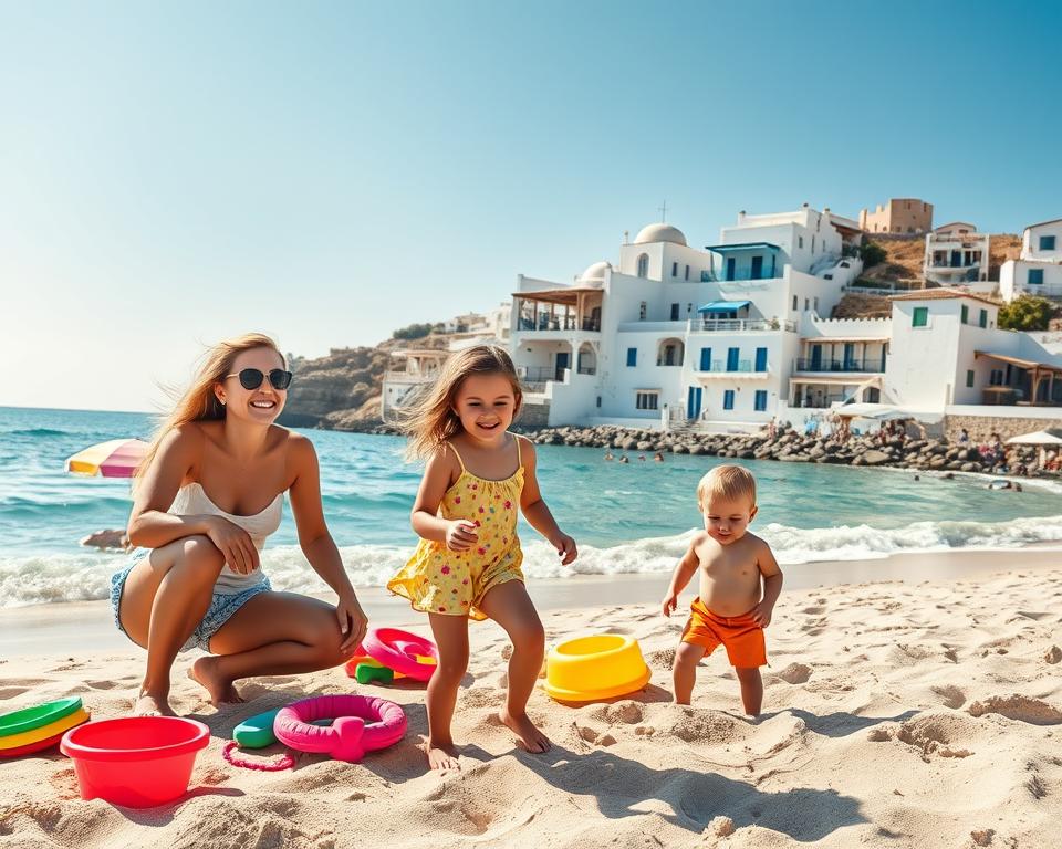 A cheerful family enjoying a sunny vacation in Greece, highlighting the perfect family-friendly atmosphere. In the foreground, a mother and father are playing with two children, a girl and a boy, beside a sandy beach adorned with colorful beach toys. The middle layer features vibrant beach umbrellas and a crystal-clear sea, with gentle waves lapping the shore. In the background, picturesque white-washed buildings with blue accents sit on a hillside under a clear blue sky. Soft, warm sunlight filters through, creating a joyful and inviting atmosphere. Capture the scene with a slight aerial angle to encompass the beauty of both the landscape and the family's engaging activities, illustrating a perfect family getaway in Greece.