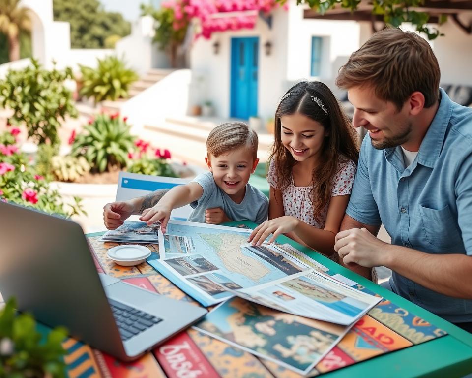 A cheerful family planning a vacation in Greece, with two children engaged in the process. In the foreground, the parents are seated at a colorful outdoor table with a laptop open, surrounded by travel brochures and a map of Greece. The children, a boy and a girl, are excitedly pointing at images of beaches and ancient ruins. In the middle ground, a sunny garden scene can be seen with blooming flowers and lush greenery, while the background features a picturesque view of classic Greek architecture, perhaps a whitewashed building with bright blue accents. Soft, natural lighting enhances the joyful atmosphere, capturing the warmth and excitement of planning a family holiday. The whole image communicates a sense of adventure and relaxation, ideal for a stress-free vacation vibe.