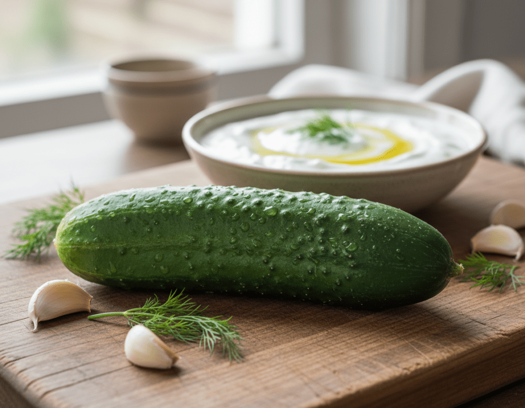A close-up image of a fresh cucumber, purposefully chosen for making tzatziki. The cucumber is vibrant green, glistening with water droplets, highlighting its freshness and crispness. In the foreground, the cucumber should be placed on a rustic wooden cutting board, surrounded by garlic cloves and sprigs of fresh dill, creating a fresh and inviting atmosphere. In the middle ground, softly blurred, a bowl of creamy tzatziki can be partially seen, adding context to the dish being prepared. The background features soft, natural lighting that creates a warm, cozy kitchen setting. The angle of the shot should be slightly above the cucumber to emphasize its texture and freshness, evoking a sense of culinary inspiration.