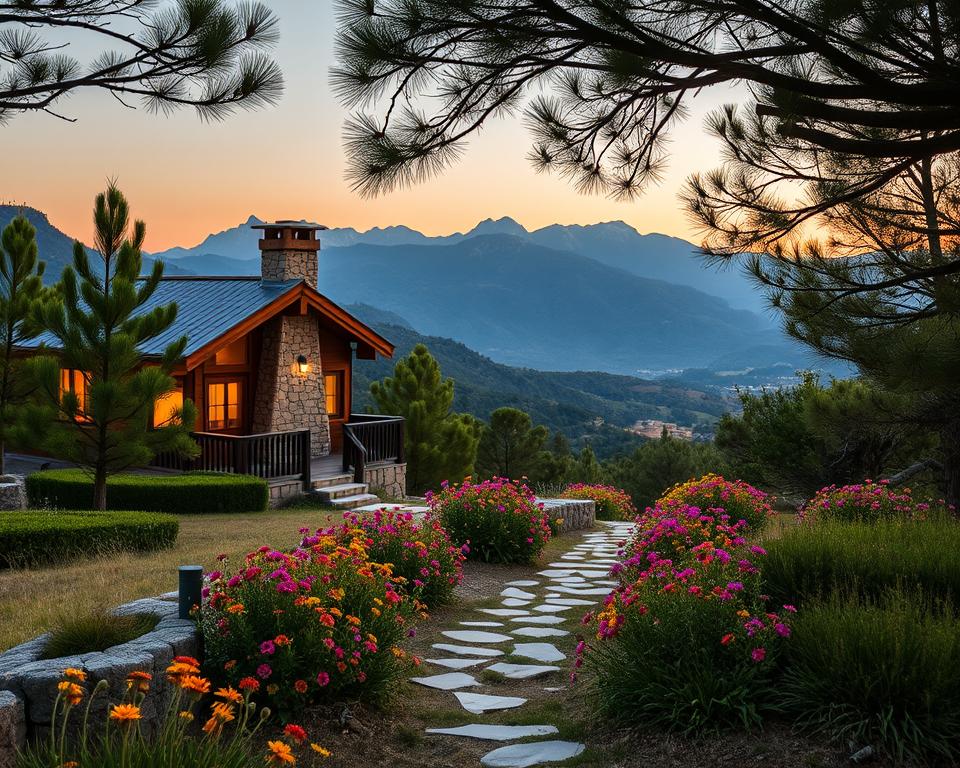 A cozy mountain accommodation nestled in the Troodos Mountains, surrounded by lush pine forests and rolling hills. In the foreground, a warm wooden cabin with a stone chimney and soft glowing lights emanating from its windows, inviting visitors to unwind after a day of exploration. In the middle ground, a charming pathway leads up to the cabin, lined with vibrant wildflowers blooming in the early evening light. The background features majestic mountains, their peaks touched by the last rays of the setting sun, casting a serene golden glow over the landscape. The atmosphere conveys tranquility and warmth, ideal for a relaxing retreat in nature. Use soft, diffused lighting to enhance the cozy vibe. Capture this scene with a wide-angle lens for a sweeping perspective that invites the viewer into this idyllic escape.