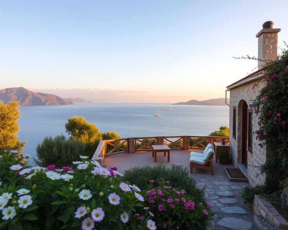 A cozy, picturesque accommodation on Ithaka island, showcasing a charming stone cottage surrounded by lush greenery and blooming flowers in the foreground. In the middle ground, add a wooden terrace with comfortable seating, inviting guests to relax and enjoy the view. The background features the serene blue waters of the Ionian Sea with a few distant sailboats on the horizon, and gentle mountains fading into soft clouds. Capture the scene during golden hour, with warm, soft lighting that creates a welcoming atmosphere. Use a slightly elevated angle to emphasize the cottage's inviting nature and natural surroundings, conveying a sense of tranquility and vacation enjoyment. Ensure there are no people present in the image, keeping the focus on the beautiful setting.