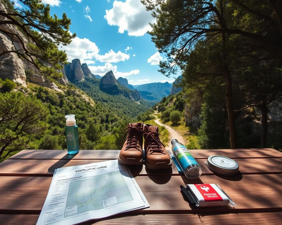 A detailed hiking packing list laid out on a wooden picnic table in the foreground, featuring essential items like a map of Kourtaliotiko Gorge, a pair of sturdy hiking boots, a water bottle, snacks, and a first aid kit. In the middle, the lush greenery and rocky terrain of the gorge is visible, with a winding path leading deeper into the landscape. In the background, towering limestone cliffs and a bright blue sky filled with fluffy white clouds create a breathtaking view. The warm sunlight filters through the trees, casting dappled shadows on the table, evoking a sense of adventure and tranquility in this stunning natural setting. The overall atmosphere is inviting and encouraging, perfect for aspiring hikers.