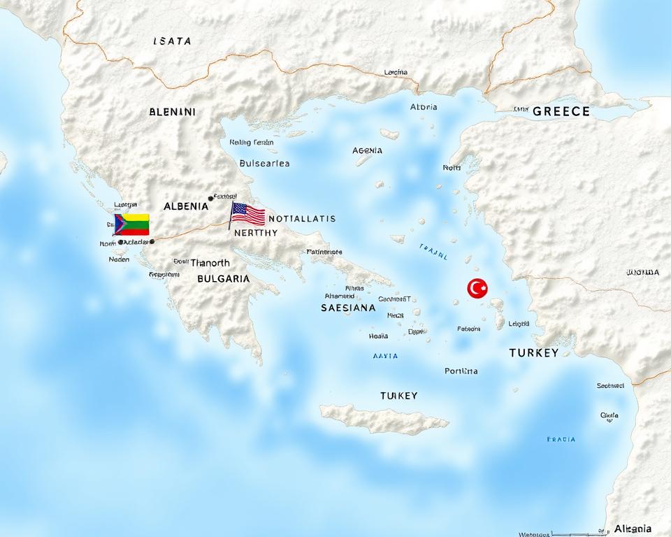 A detailed map of Greece highlighting its neighboring countries: Albania to the northwest, North Macedonia to the north, Bulgaria to the northeast, and Turkey to the east. The map should feature distinct borders and natural landmarks, such as mountains and rivers, showcasing Greece's topography. In the foreground, include symbolic representations of each neighboring country, such as national flags or cultural icons. The middle ground should be an expansive view of the Aegean and Ionian Seas, emphasizing Greece’s geographical significance. The background displays a clear blue sky to convey a warm and welcoming atmosphere. Use soft lighting to enhance the vibrancy of the map's colors, with a focus on clarity and detail to ensure it serves as an informative illustration.