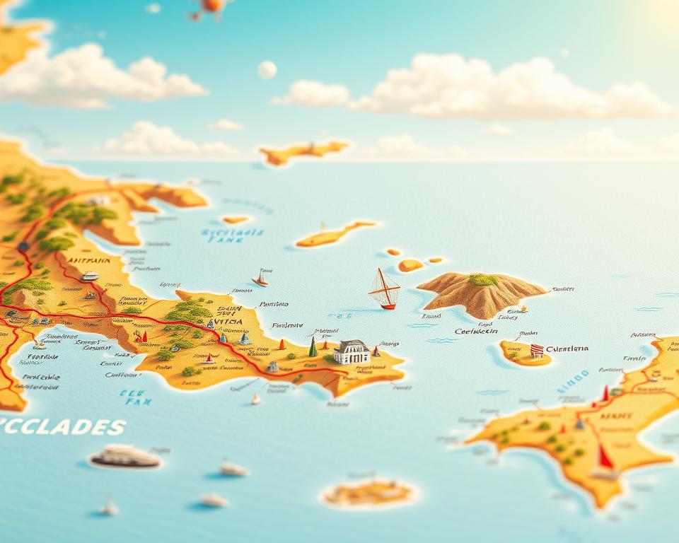 A detailed map of the Cyclades Islands in Greece, showcasing the unique geography and charm of the region. In the foreground, vibrant colors depict various islands such as Santorini and Mykonos, with small marked landmarks for tourist attractions. The middle layer includes gentle waves and light blue seas surrounding the islands, evoking a sense of tranquility and adventure. The background features a clear, bright sky with soft, fluffy clouds, enhancing the sunny atmosphere. The map has a vintage illustration style, lending a sense of history to the image. Lighting is warm and inviting, emphasizing the natural beauty of the islands. The overall mood is serene and inviting, perfect for inspiring travel plans.