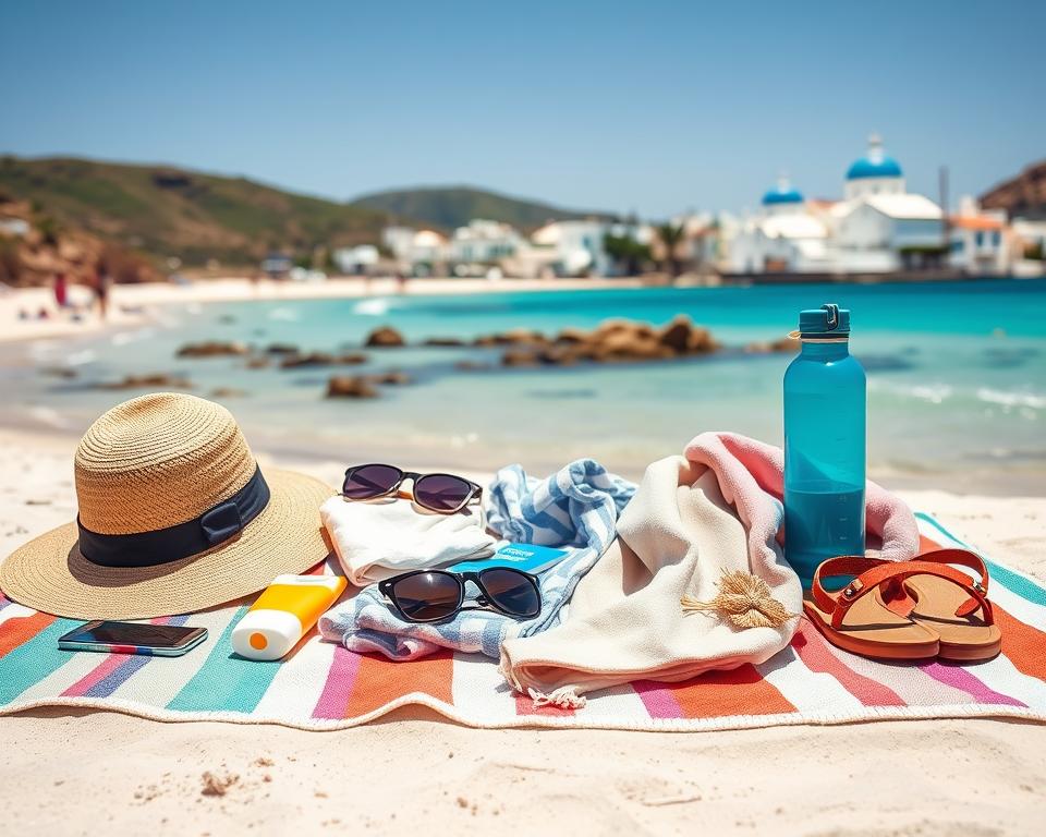 A detailed travel packing list for a Greek island vacation, laid out on a colorful beach towel on a sunny beach. In the foreground, include a vibrant assortment of travel items: a straw hat, sunglasses, sunscreen, a beach towel, a light sweater, sandals, and a reusable water bottle. In the middle ground, depict a picturesque shoreline with crystal-clear blue waters and white sandy beaches, dotted with small rocks and gentle waves. In the background, illustrate lush green hills and iconic whitewashed buildings typical of the Cyclades, with bright blue domes. The lighting should be bright and warm, evoking a cheerful, inviting summer atmosphere. The focus should be on the travel essentials, creating a sense of adventure and relaxation synonymous with island exploration.