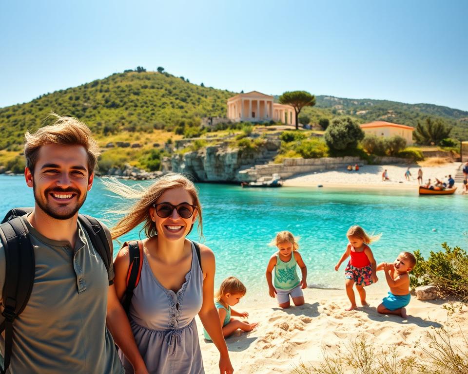 A joyful family exploring the beautiful landscapes of Greece with their children, showcasing a mix of nature, water, and culture. In the foreground, a smiling family of four, dressed in casual, modest summer clothing, engages in a fun activity like hiking or visiting a historical site. The middle ground features vibrant green hills and a serene, crystal-clear beach where children play in the sand, building castles and splashing in the water. In the background, iconic Greek architecture and olive trees dot the horizon under a bright blue sky, with soft, warm sunlight filtering through. The atmosphere is lively and joyful, evoking a sense of adventure and discovery. The scene is captured with a wide-angle lens to encompass the beauty of the Greek landscape, enhancing the inviting and playful mood of the image.