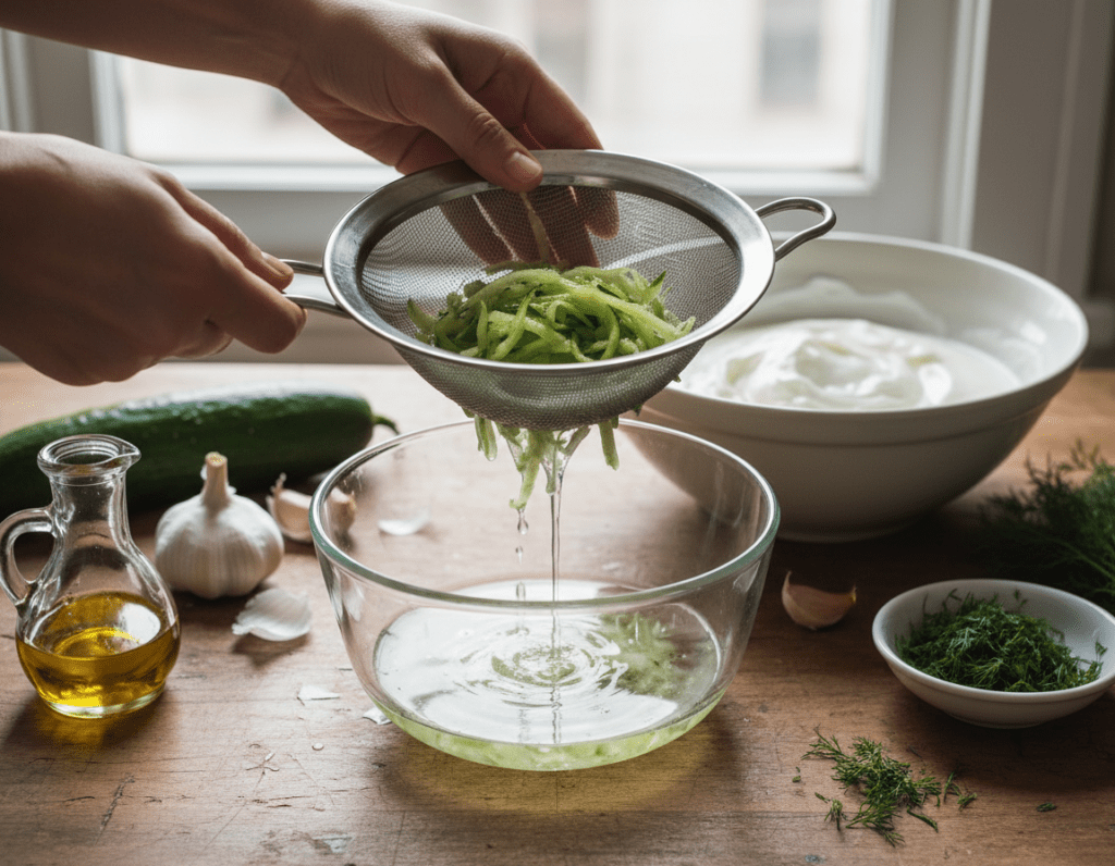 A kitchen scene focused on the process of draining cucumbers for making tzatziki. In the foreground, a freshly peeled cucumber is being gently pressed using a fine mesh strainer, with droplets of liquid visibly pooling below. Surrounding the cucumber are bowls of yogurt, garlic cloves, olive oil, and fresh dill, arranged neatly on a rustic wooden countertop. In the background, soft natural light filters through a window, illuminating the ingredients and creating a warm, inviting atmosphere. The angle is slightly top-down to capture the vibrant colors and textures of the ingredients. The mood is calm and culinary-focused, depicting the preparation of a delicious dish, with an emphasis on highlighting the importance of draining cucumbers effectively.