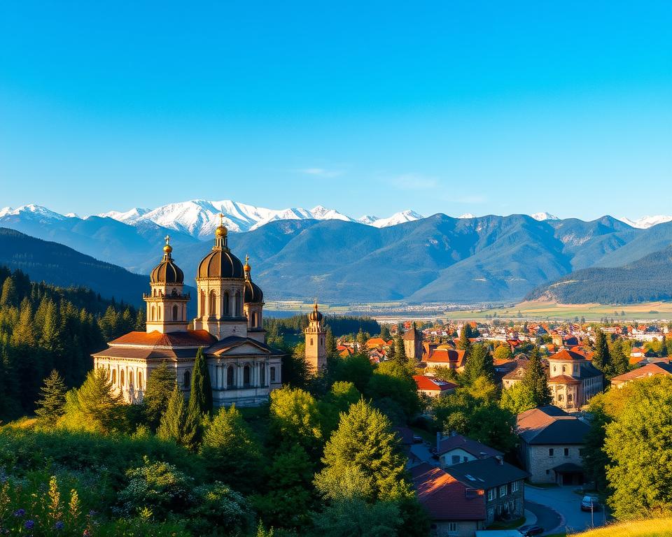 A panoramic view of Bulgaria's stunning landscape, showcasing the majestic Rila Mountains in the background with snow-capped peaks under a clear blue sky. In the foreground, a traditional Bulgarian monastery, ornate and historic, surrounded by lush green forests and wildflowers. The middle ground features a picturesque small town with charming stone houses and cobblestone streets, capturing the essence of Bulgarian culture. Soft golden sunlight bathes the scene, creating a warm and inviting atmosphere. The angle should be slightly elevated to emphasize the grandeur of the mountains and the tranquil beauty of the monastery, inviting the viewer to explore this rich and diverse region.