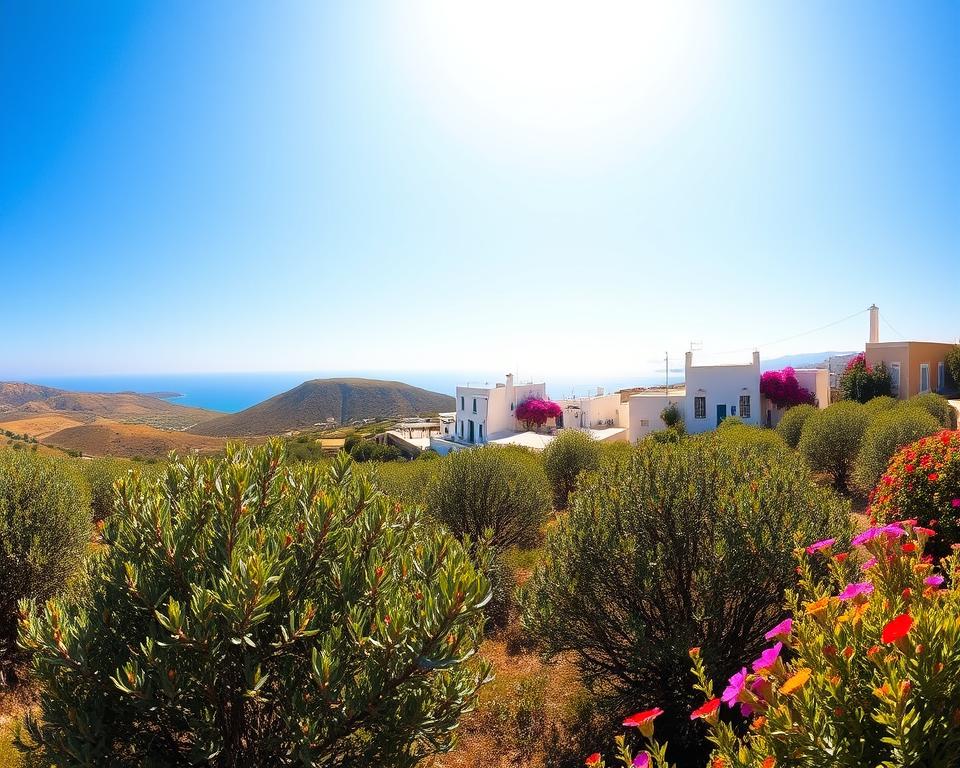 A panoramic view of Ithaka, Greece, showcasing its stunning landscapes during the ideal travel season. In the foreground, vibrant green olive groves and colorful wildflowers flourish under a clear blue sky, with the sun casting warm golden light over the scene. The middle ground features charming traditional Greek architecture, with whitewashed buildings adorned in vibrant bougainvillea. In the background, rolling hills and the azure Aegean Sea glisten invitingly. The atmosphere is serene and warm, capturing the essence of a perfect travel experience. The angle is slightly elevated, offering a sweeping vista that emphasizes the natural beauty and inviting ambiance of Ithaka. The lighting is soft yet bright, evoking a sense of tranquility and allure.