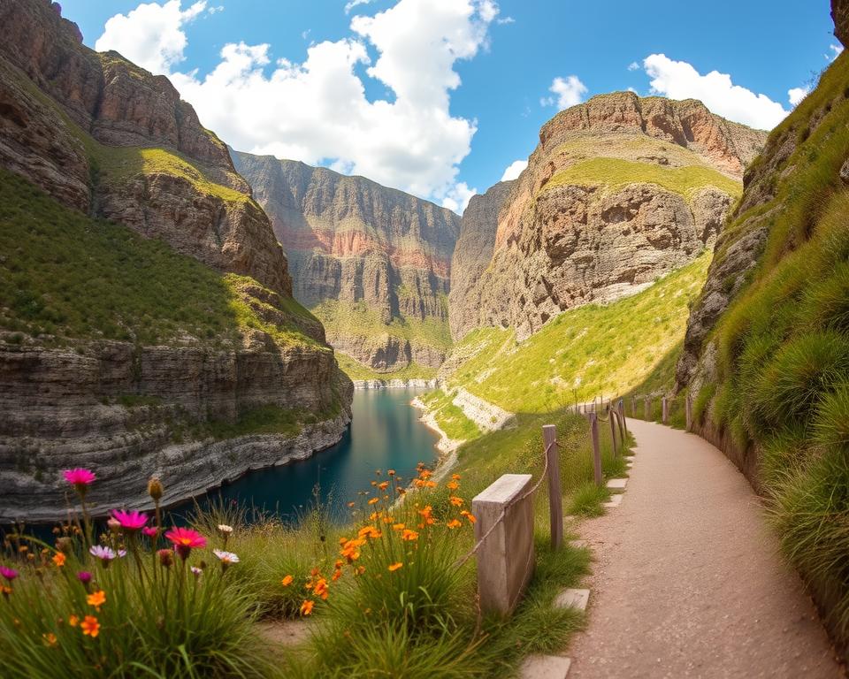 A panoramic view of Kourtaliotiko Gorge, showcasing its stunning natural beauty and inspiring potential for accessibility. In the foreground, a well-maintained path suitable for wheelchair users meanders alongside the gorge, flanked by vibrant wildflowers and grasses. In the middle ground, the dramatic cliffs rise steeply, revealing layered rock formations with a mix of earthy tones and flecks of green vegetation. The background features a brilliant sky, with soft white clouds scattered above, allowing sunlight to filter through and create a warm, inviting atmosphere. The scene captures a sense of serenity and wonder, emphasizing the interplay of nature and accessibility. The focus is on the gorge's vastness, taken from a low angle to highlight the height of the cliffs, evoking awe and inspiration.