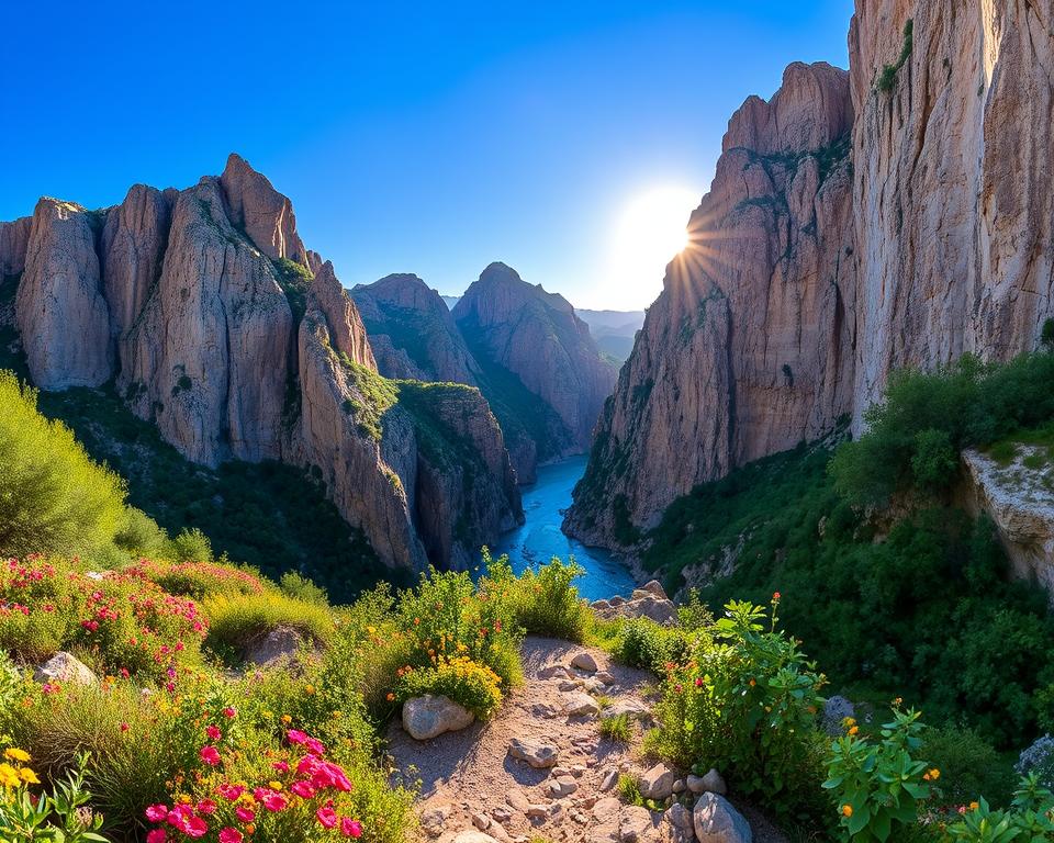A panoramic view of the Kourtaliotiko Gorge in Crete, Greece, showcasing its dramatic cliffs and lush greenery. In the foreground, a narrow pathway winds through vibrant wildflowers and rocky terrain, inviting exploration. The middle ground features the deep gorge with steep, towering limestone walls that rise majestically, contrasting with the clear blue sky above. In the background, the sun peeks over the horizon, casting warm, golden light that highlights the textures of the rocks and the flowing river below. The atmosphere is serene and awe-inspiring, capturing the natural beauty of the gorge. The image should evoke a sense of adventure and tranquility, displayed from a slightly elevated angle to emphasize the vastness of the landscape. No human figures present.