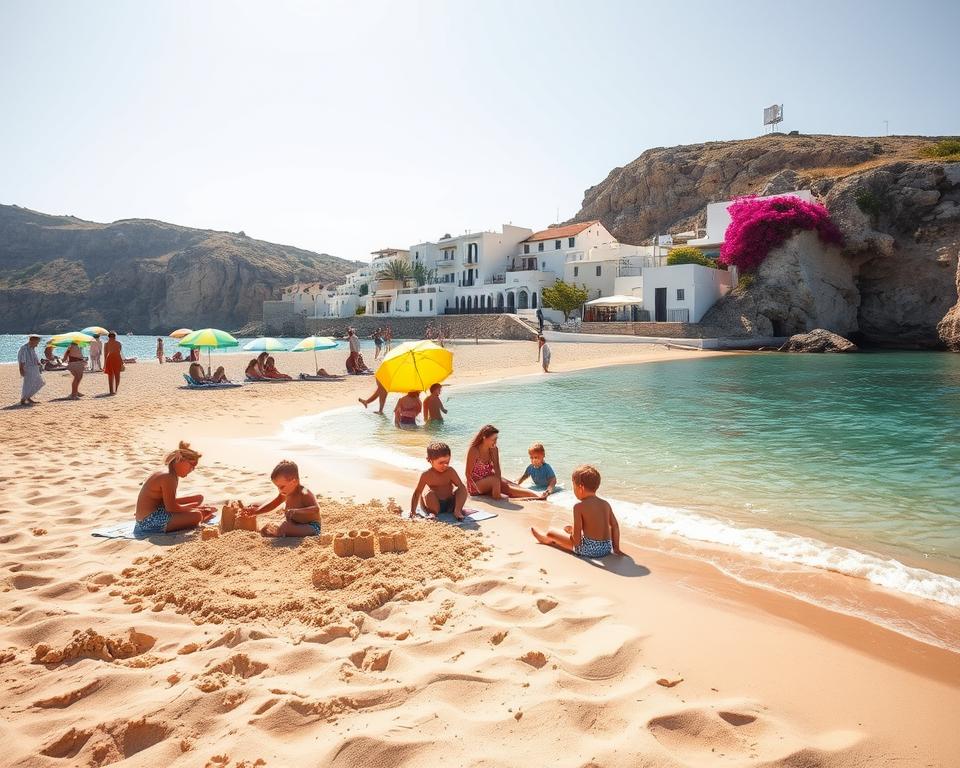 A picturesque Greek island scene ideal for a family-friendly vacation, featuring a sun-soaked beach with soft golden sand in the foreground. Children play joyfully, building sandcastles and splashing in crystal-clear turquoise waters. In the middle ground, colorful beach umbrellas offer shade, while a small group of happy, modestly dressed parents relax on beach towels, engaging with their children. The background showcases a charming village with whitewashed buildings and blooming bougainvillea, nestled against rugged cliffs. A bright, sunny sky enhances the atmosphere, while gentle waves lap at the shore. Capture this idyllic scene from a slightly elevated angle to showcase the vibrant colors and cheerful ambiance, creating a sense of warmth and joy, perfect for family adventures in Greece.