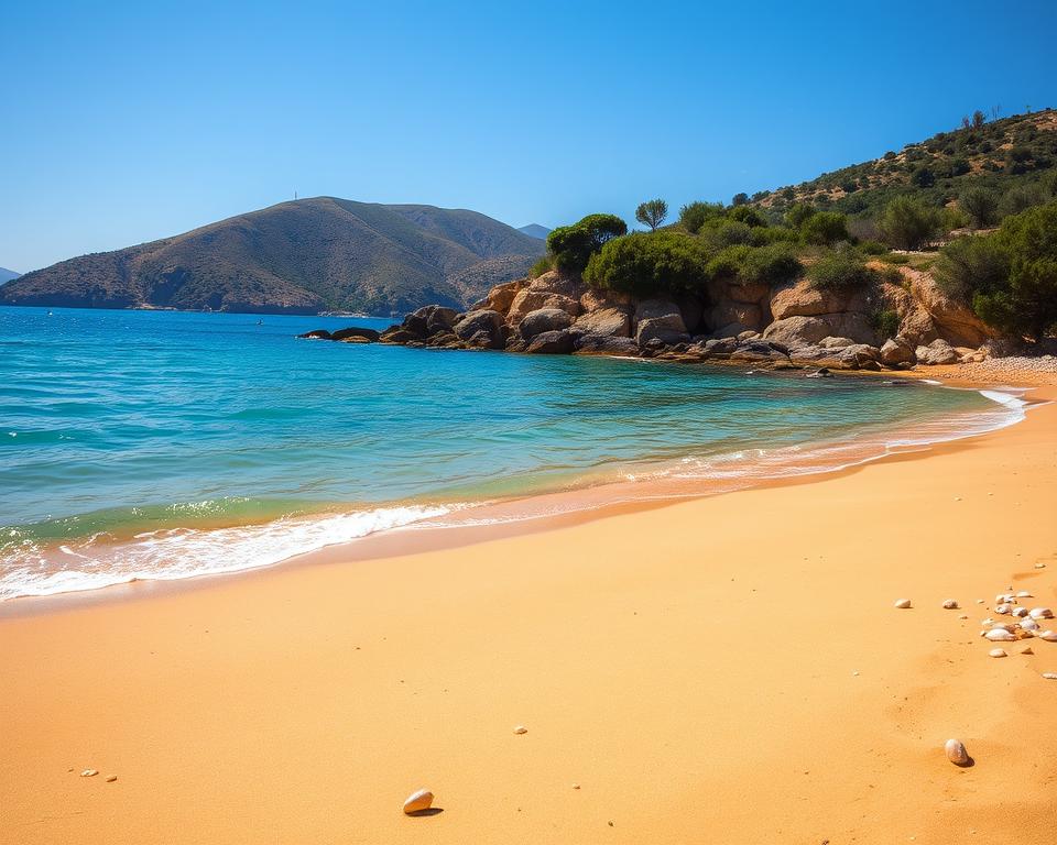 A picturesque beach scene on Ithaka, showcasing the stunning beauty of its coastline. In the foreground, soft golden sand stretches along the shore, with gentle waves lapping at the edges. Scattered seashells and smooth pebbles add texture to the sandy beach. The middle ground features a rocky outcrop adorned with lush green vegetation, leading to crystal-clear turquoise waters that reflect the bright blue sky. In the background, rolling hills covered in olive trees rise toward the horizon, bathed in warm sunlight. The atmosphere is tranquil and inviting, evoking a sense of relaxation and wanderlust. Soft, diffused lighting enhances the natural colors, creating a serene and idyllic vacation vibe. Capture this scene from a slightly elevated angle to provide a sweeping view of the beach and surrounding landscape.